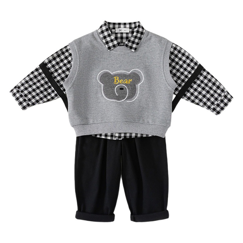 Conjunto de tres piezas de ropa infantil Youbao Huzhou, chaleco, camisa a cuadros y pantalones para niños, traje de otoño estilo escolar para niños pequeños y niñas.