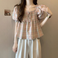 ドーパミンの格子の半袖のシャツの女性の夏のフランスのデザイン感はゆったりしていて、やせています。