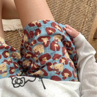 Pure Cotton! Kitty Leopard Type a Cotton Double-Layer Gauze Shorts Cute Women's Home Loose Printed Pajamas Can Be Worn Outside