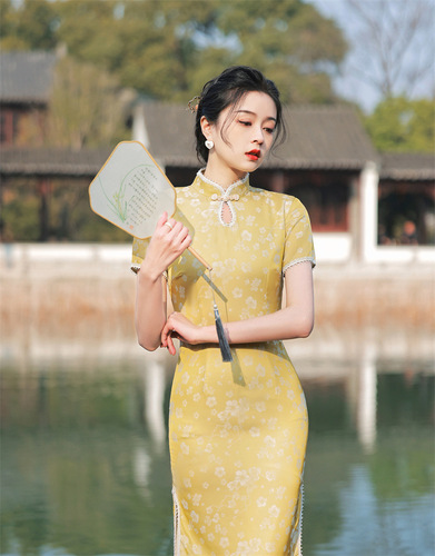 Retro Chinese Dress oriental Cheongsam for women jacquard satin double-layer long cheongsam maiden temperament