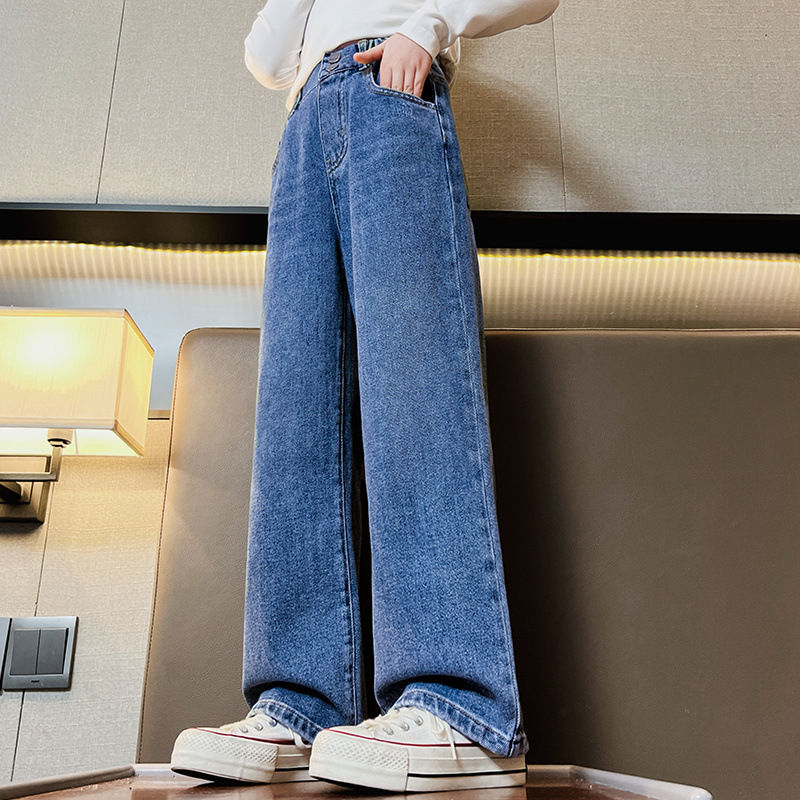 소녀 청바지 봄과 가을 2023 새로운 서양식 어린이 봄 넓은 다리 바지 소녀 봄 캐주얼 트렌디 바지