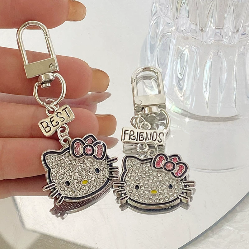 KT Cat Keychain Pendant, Cute Diamond-Mosaic Charm, Silver-Tone, 6×8×2 cm