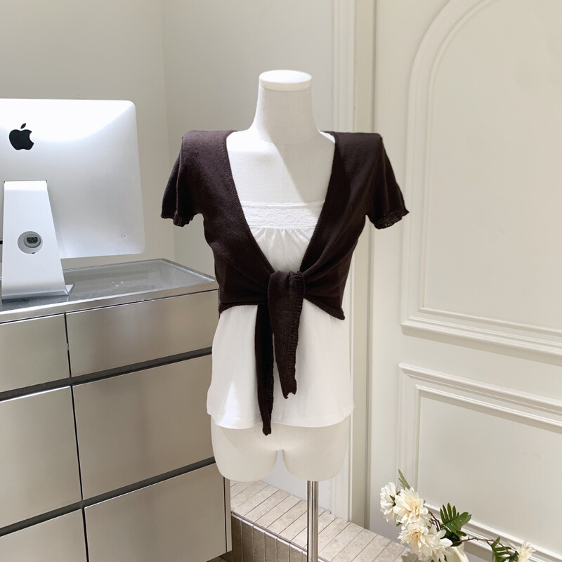 2026 Real Shot Brown V-Neck Tie Short Knitted Sweater for Women, Short Sleeve Wrap-Style Wide Shoulder Cover-Up Top 2026 Real Shot Brown V-Neck Tie Short Knitted Sweater for Women, Short Sleeve Wrap-Style Wide Shoulder Cover-Up Top