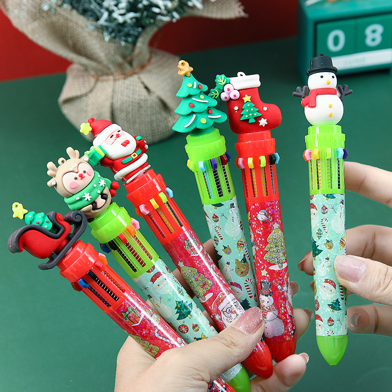 Dibujos animados de navidad de diez colores bolígrafo santa claus multicolor pluma 10-color una mano cuenta pluma vacaciones pequeño regalo al por mayor