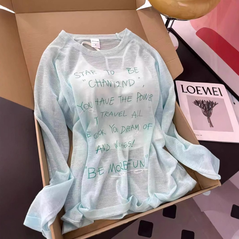 Summer Dopamine Mint Green Long-Sleeved T-Shirt for Women, Loose Outer Wear, Lazy Thin Slightly See-Through Sun Protection Blouse Top