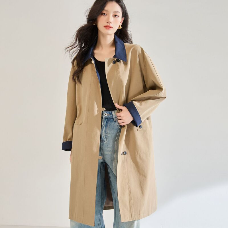 26 Spring New Lyocell Cotton Patchwork Collar Loose Mid-Length Trench Coat Khaki Petite Coat 22640