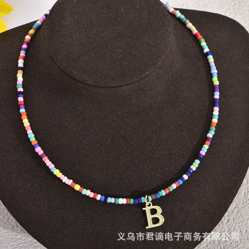 European and American Cross-Border New 26-Letter Rice Bead Necklace Mixed Color Turquoise Chain Fashionable and Versatile Elegant Holiday Party Accessories