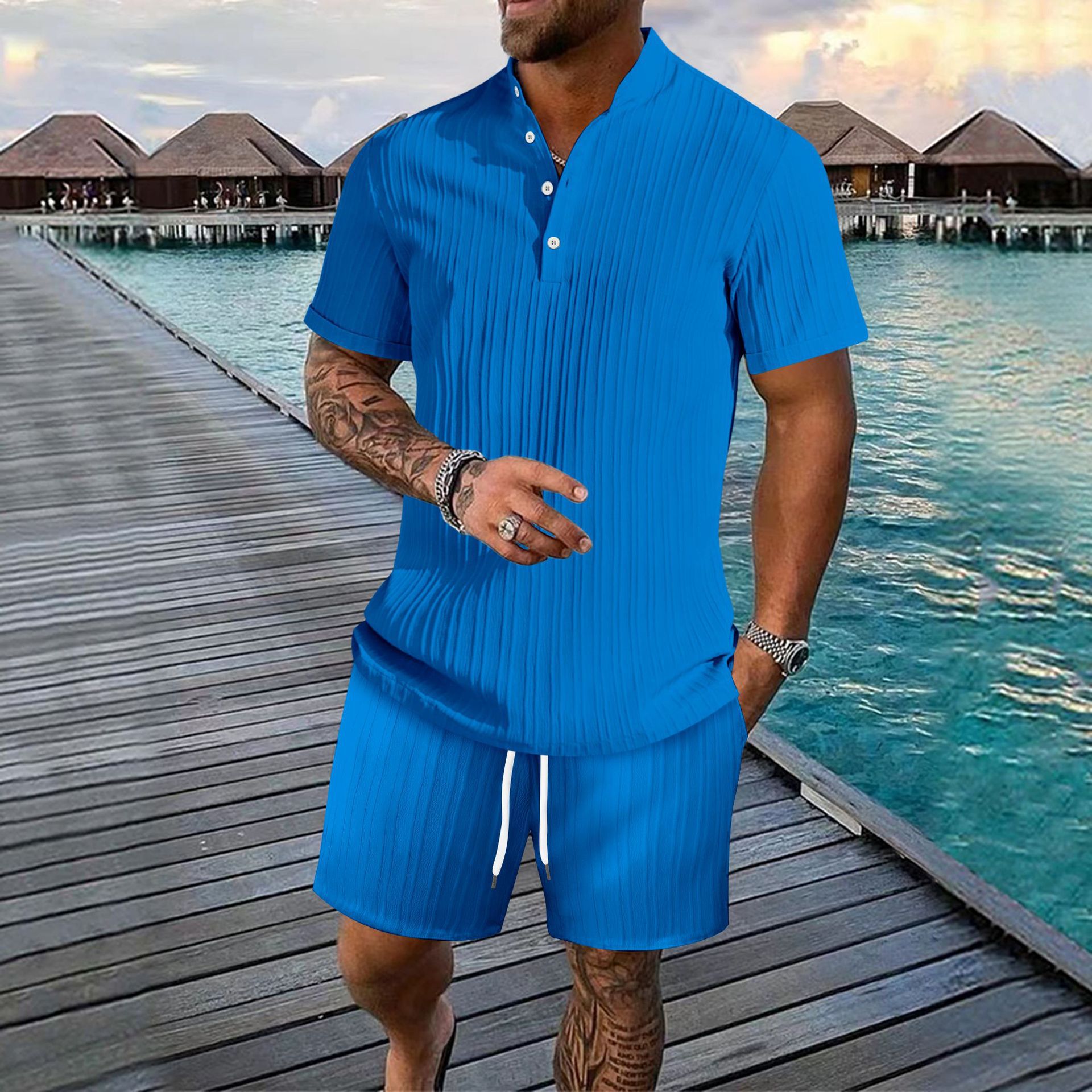 Herren Sommer Set Mit Wellenmuster Hemd Und Shorts Für Männer_voghion.com