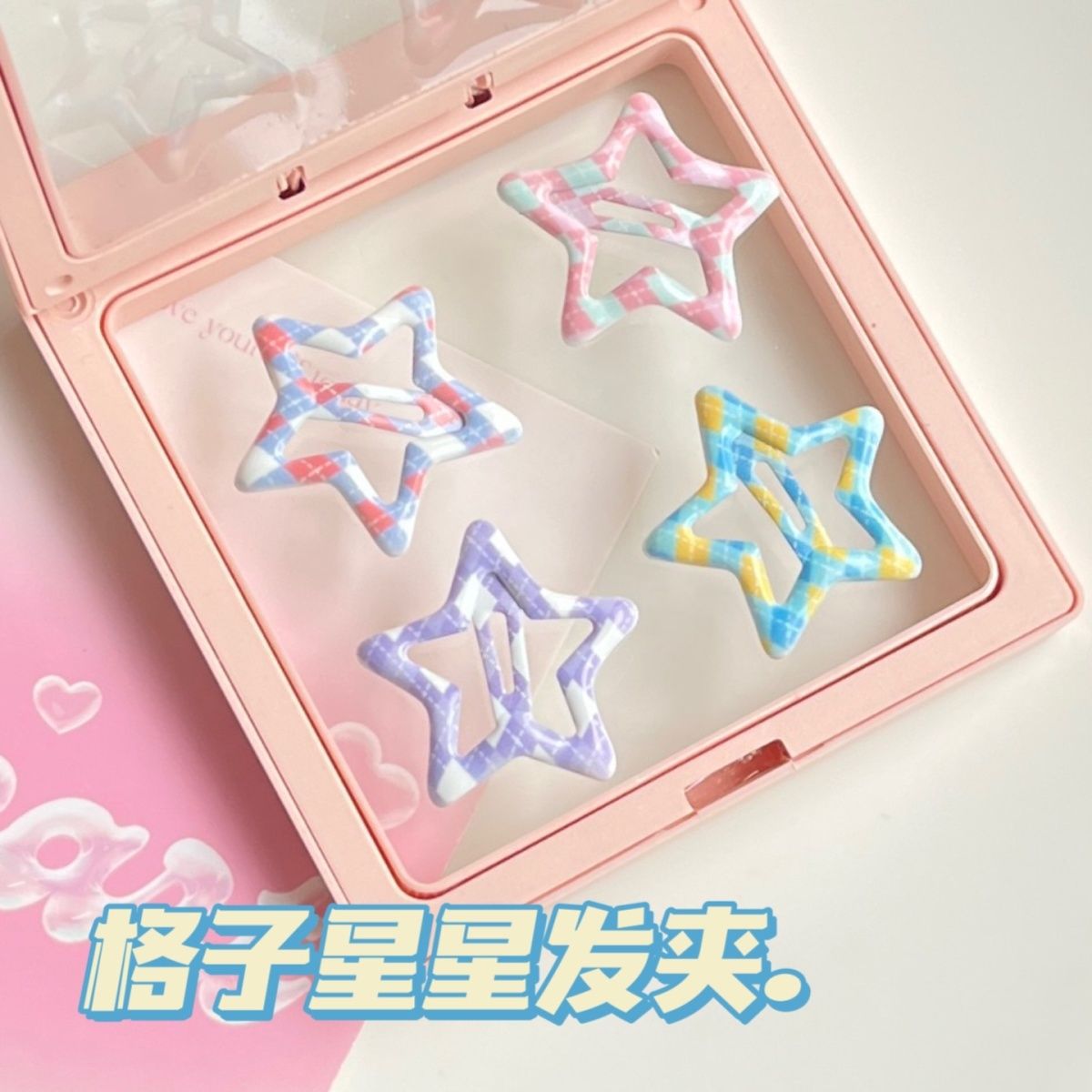 Academy-style pentagonal star-shaped oil drop candy color diamond grid hair clip for girls, student hair accessory edge clip