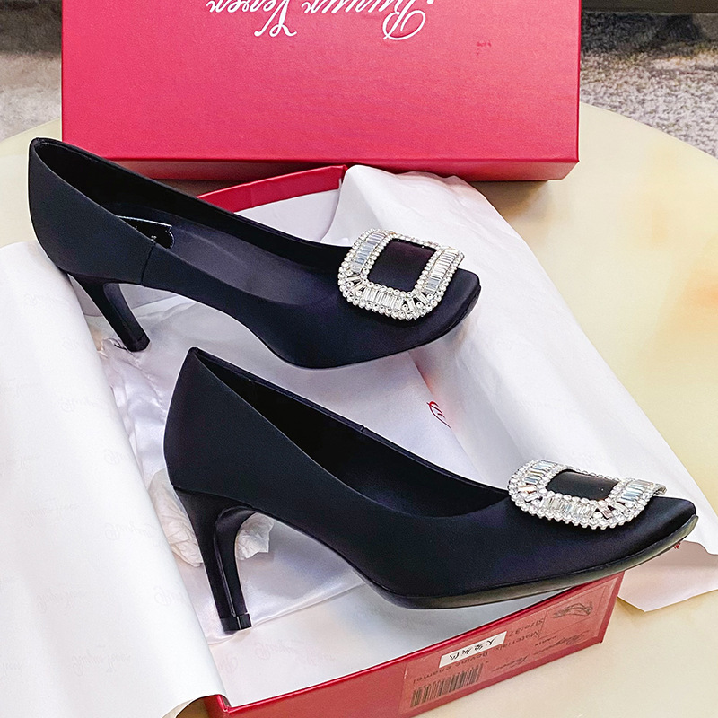 【High-End Special Offer】Rv Round-Toe Rhinestone Square Buckle High Heels, Thin Heel Satin Pumps for Women, Shallow Mouth