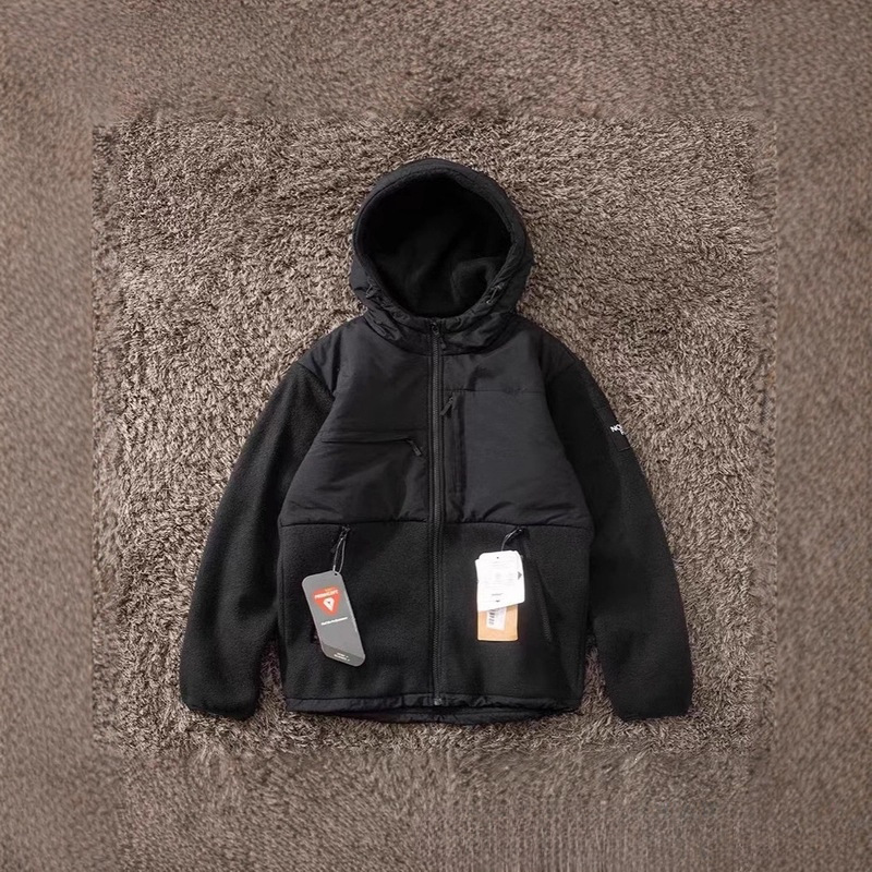 Outdoor autumn and winter North Face cardigan jacket for couples, warm fleece with embroidered logo, cotton jacket with hood and color block design