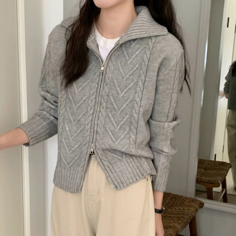 Gray Twist Zipper Suéter chaqueta mujer primavera y otoño engrosado diseño de nicho de vestir cardigan de punto perezoso