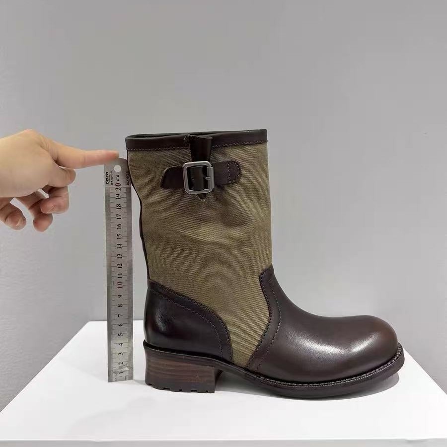 4cm Lift Buckle Detail Round Toe Chunky Heel Riding Boots For Women - Stackable Mid-Calf Boots Distinctive Buckle Accent_vogvips.com