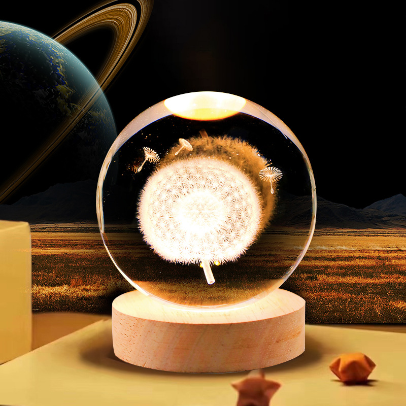 Bola de cristal luminosa grabada con láser, recargable por USB, luz nocturna, adorno para dormitorio, regalo navideño para niñas