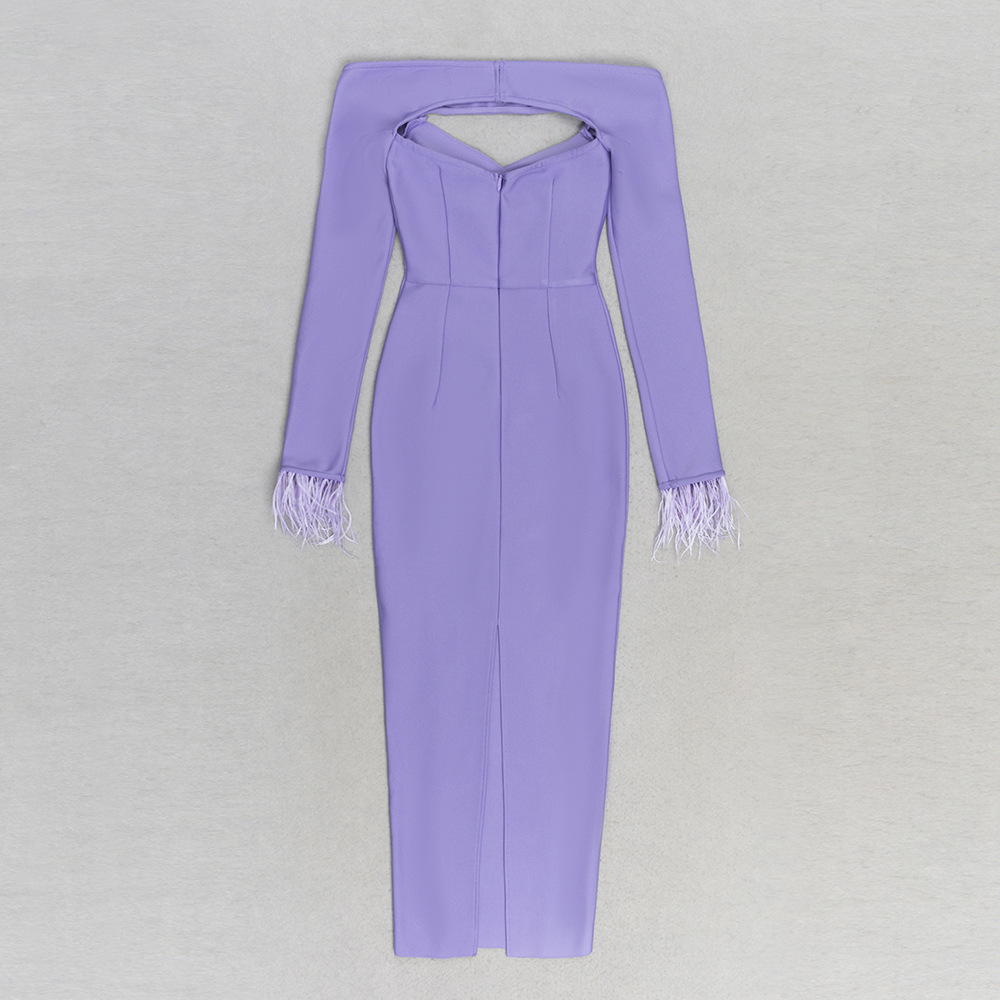 Bandage Simple Sexy Off The Shoulder Tube Top Long Sleeve Feather Sleeve Bandage One Piece Dress Dress