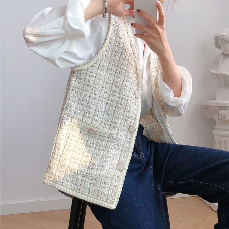 Warm Maple Leaf Elegant Lady Style Vest for Women, Korean Version, Color-Block Tweed Woven V-Neck Sleeveless Plaid Vest