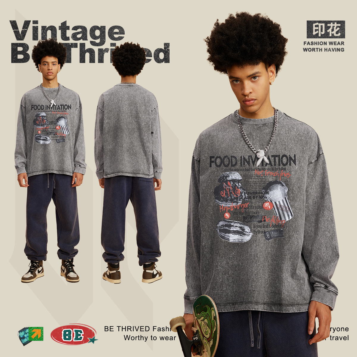 Ropa para Hombre BE | Camiseta de manga larga para hombre, estilo americano, holgada, de algodón puro, con estampado retro de tinta blanca, a la moda, otoño 2025