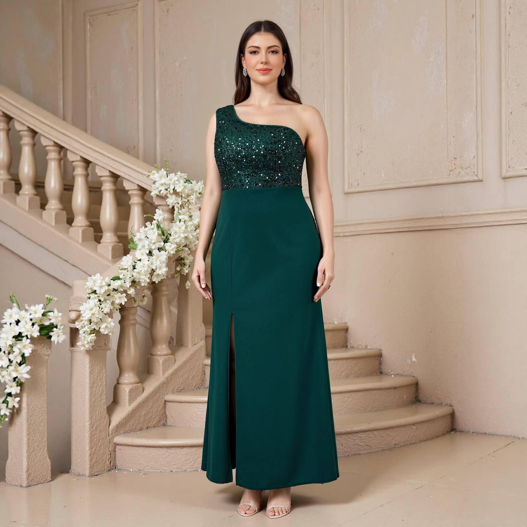 European and American Style Off-Shoulder Sequin Party Elegant Evening Dress Women's Party High-Waist Light Luxury Dress Foreign Trade Wholesale