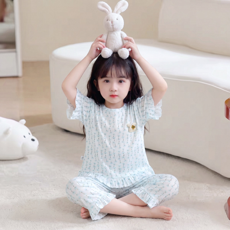 Traje de pijama para niños verano nuevo estilo niña pantalones recortados modales deshuesados niñas ropa de aire acondicionado ropa de hogar ropa para niños