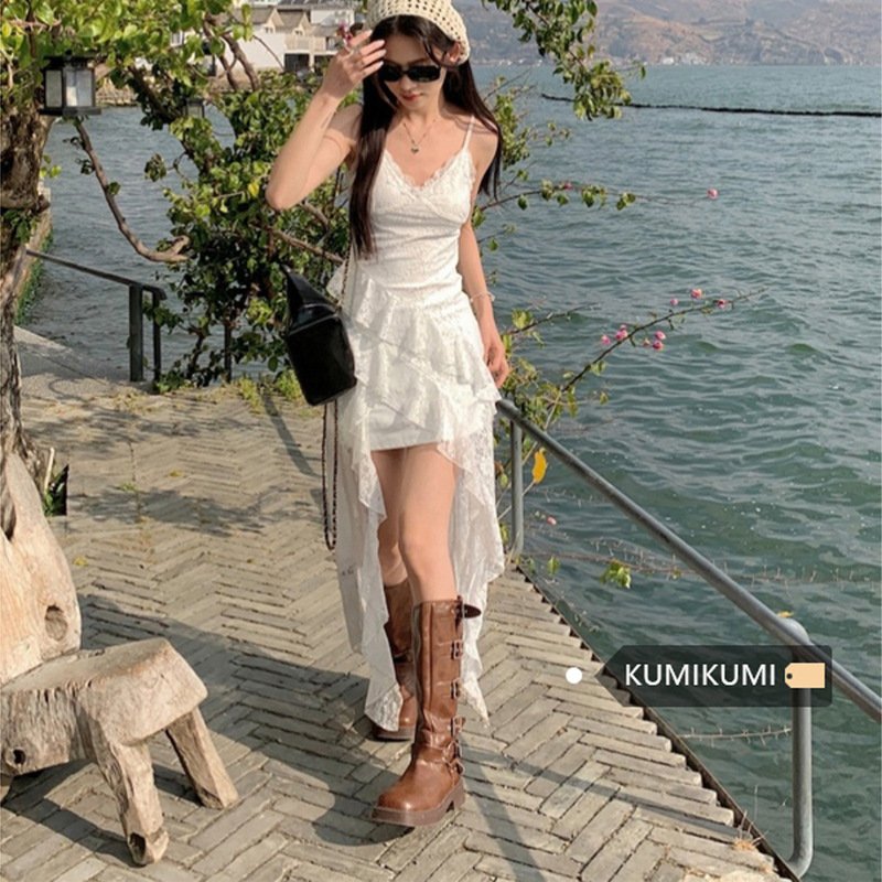 Pure Lust Sexy Style Irregular Hem Slit Dress Romantic Atmosphere Slim Lace Suspender Skirt Summer