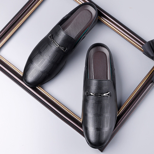 Leather summer flat head half slippers men's business casual bright leather shoes pointed formal dress men's shoes
