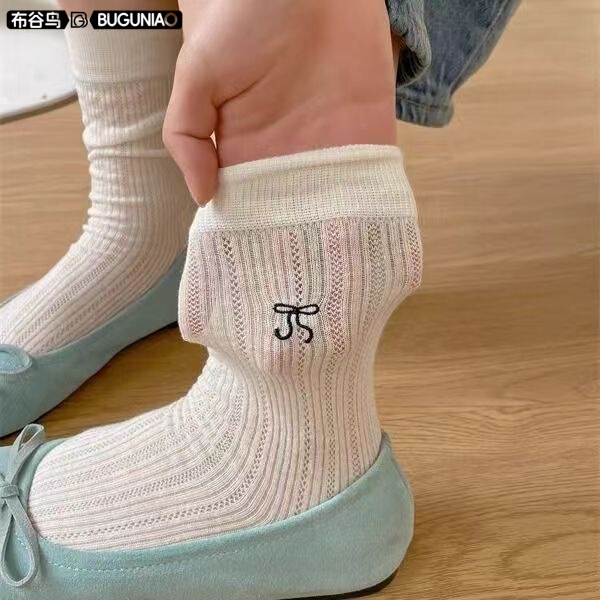Bowknot Socks Women's Summer Thin White Pile Socks Women's Summer Mary Jane Shoes Spring and Autumn Mid-length Socks Long Socks