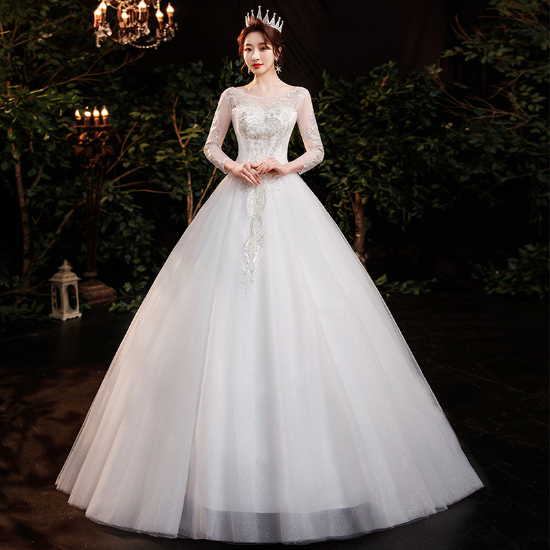 2025 New Winter Factory Wholesale Atmospheric Lace One-Shoulder Mid-Length Sleeve Bridal Wedding Dress
