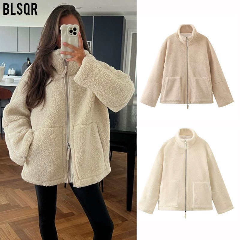 Трансграничный 2024 Amazon европейский и американский ветер осень и зима новый женский сплошной цвет ленивый ветер овечья шерсть с высоким воротником шерстяная куртка