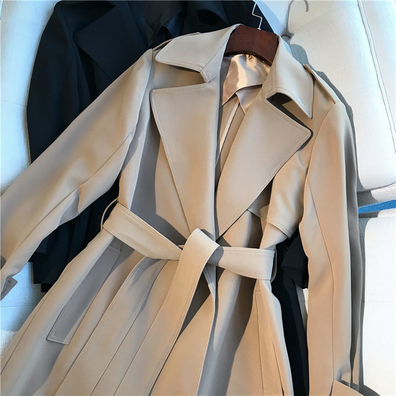 Ready-Made Manufacturer Wholesale Triacetate Windbreaker Women's Mid-Length Belt Waist Spring and Summer New Loose Feminine Style