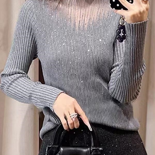 漂亮灰色打底毛衣女款大码秋季胖mm设计感重工烫钻针织衫上衣