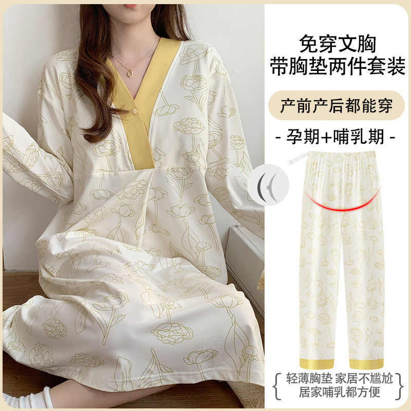 Plus-Size Maternity Dress Summer Maternity Nightgown Pajama Set Postpartum Nursing Maternity Dress with Chest Pad