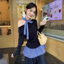 假两件格子拼接露肩长袖t恤女秋冬设计感小众独特别致甜辣妹上衣