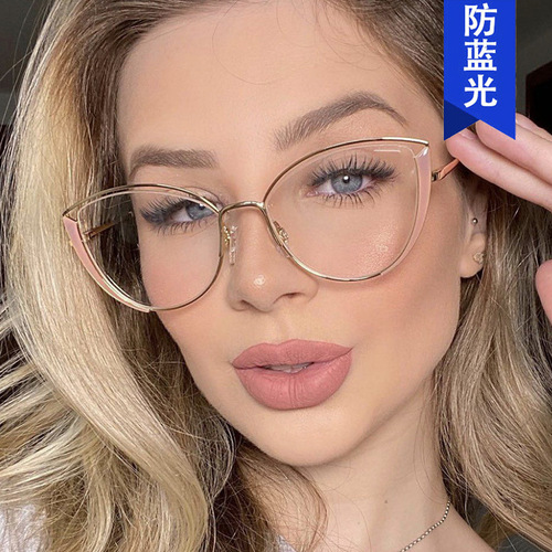  New Personalized Small Frame Cat Eye Optical Glasses Fashion Trendy Metal Anti-Blue Light Flat Mirrors European and American Cross-Border Ladies