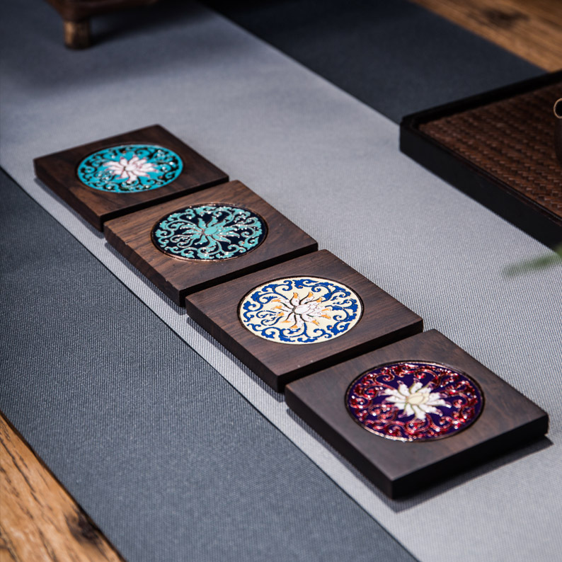 Esmalte cloisonne ébano posavasos hogar ceremonia del té accesorios estera a prueba de calor bandeja de té portavasos madera maciza aislamiento térmico estera de té