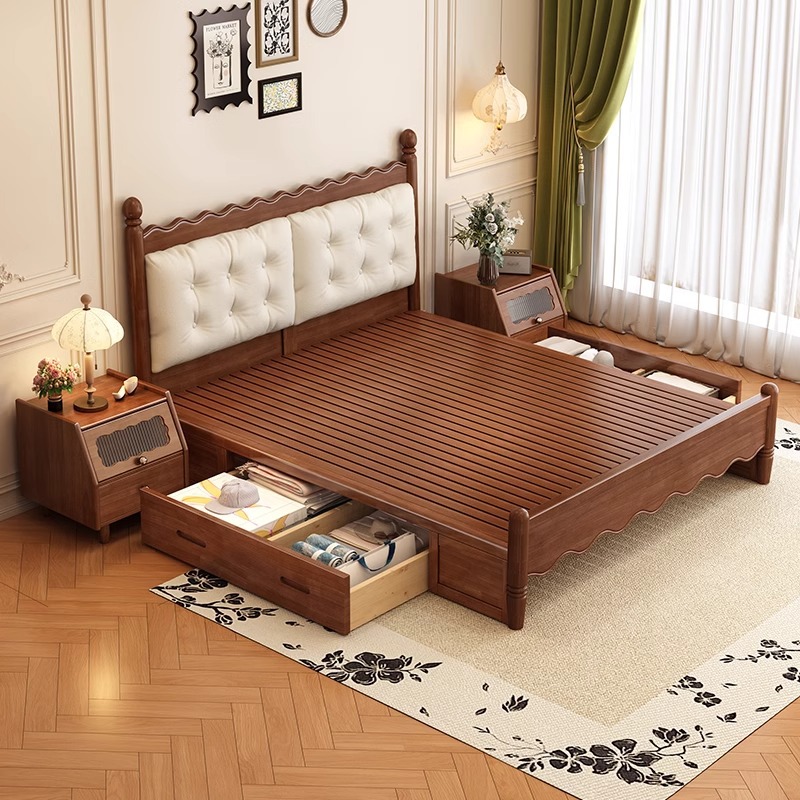 Cama de madera maciza de estilo crema medieval cama doble francesa Windsor dormitorio principal moderno simple nube pequeña casa