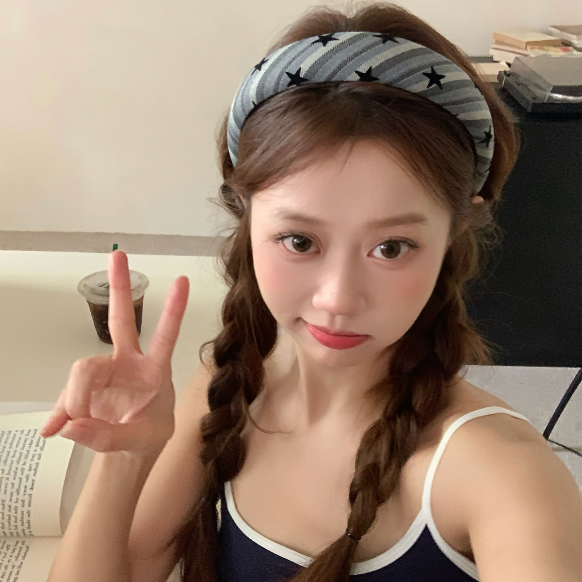 Retro flocado estrellas rayas esponja banda de cabello de la niña de borde ancho banda de cabeza de cráneo alto para presionar el cabello nuevo