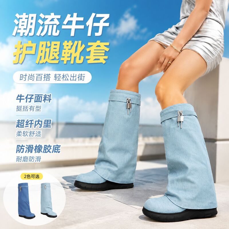 2026 denim fabric thick-soled wedge high-heeled women's high boots with belt buckle, knee-high Martin boots for women 2026 denim fabric thick-soled wedge high-heeled women's high boots with belt buckle, knee-high Martin boots for women