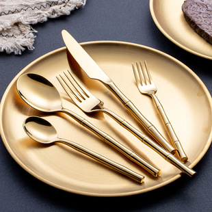 304 Stainless Steel Solid Round Handle Knife and Fork Spoon Creative Bamboo Handle Dessert Cake Restaurant Hotel Steak Knife and Fork Spoon