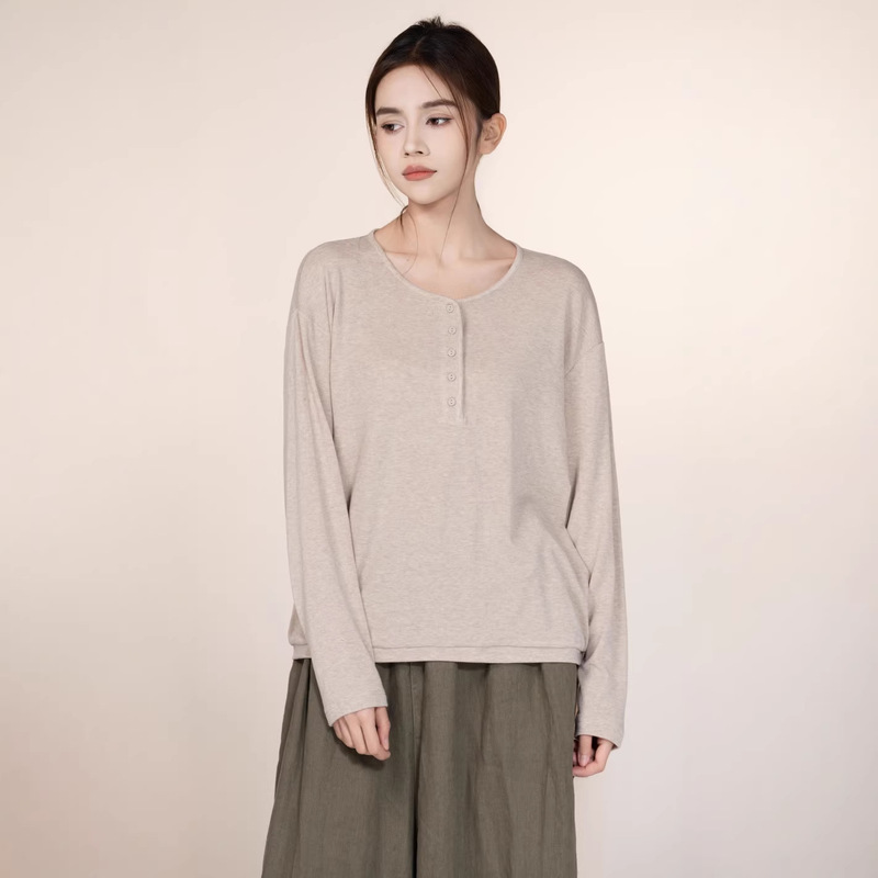 New Style Long-Sleeved T-Shirt for Women, Artistic Casual Breathable Lightweight Wool Slimming Base Shirt Loose Top for Women