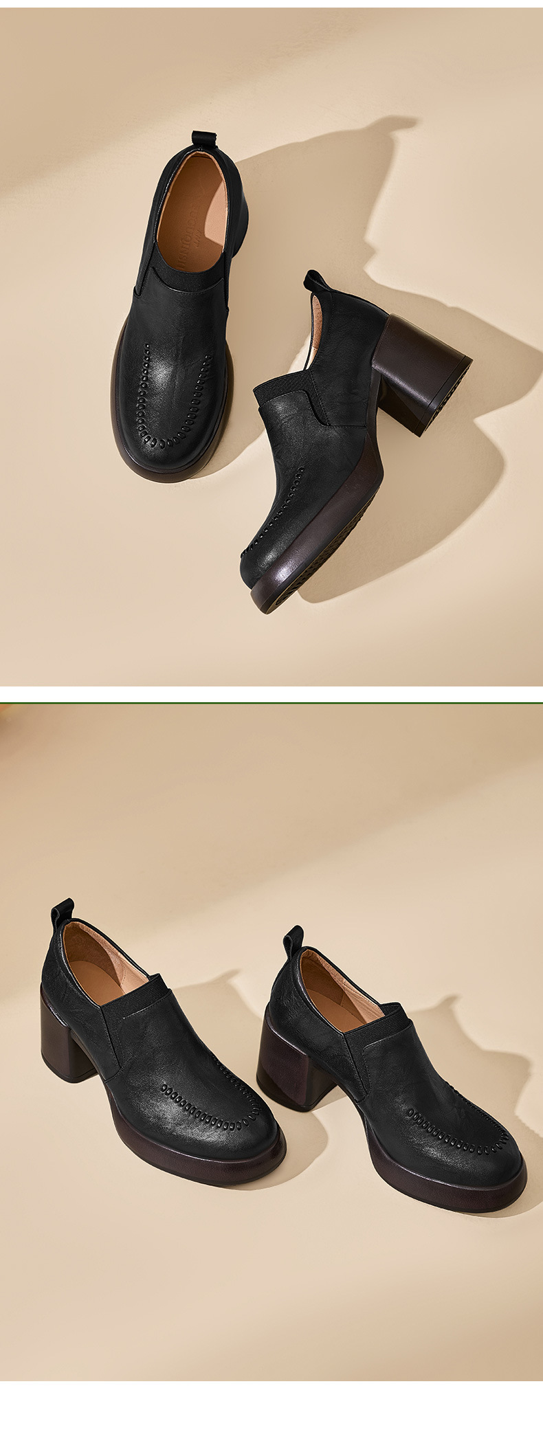 Giày loafer nữ da bò thật đế dày gót vuông 7 cm, miệng sâu, phong cách đơn giản — màu nâu chi tiết 12