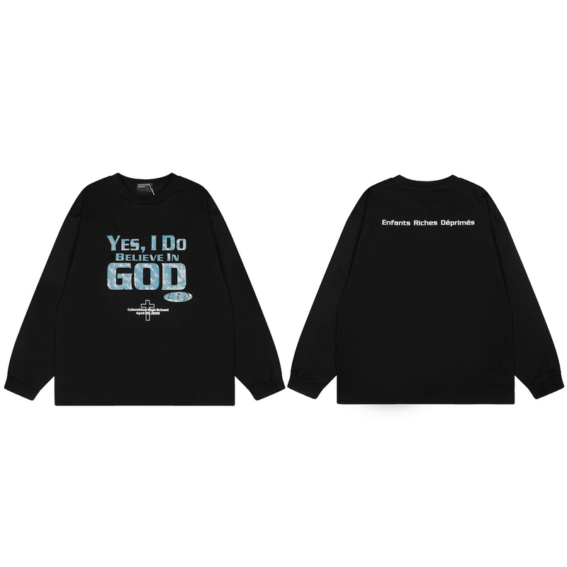 Erd Melancholic Rich Second Generation Believes in God Slogan Casual Men and Women Cleanfit Style High Street Long-Sleeved T-Shirt
