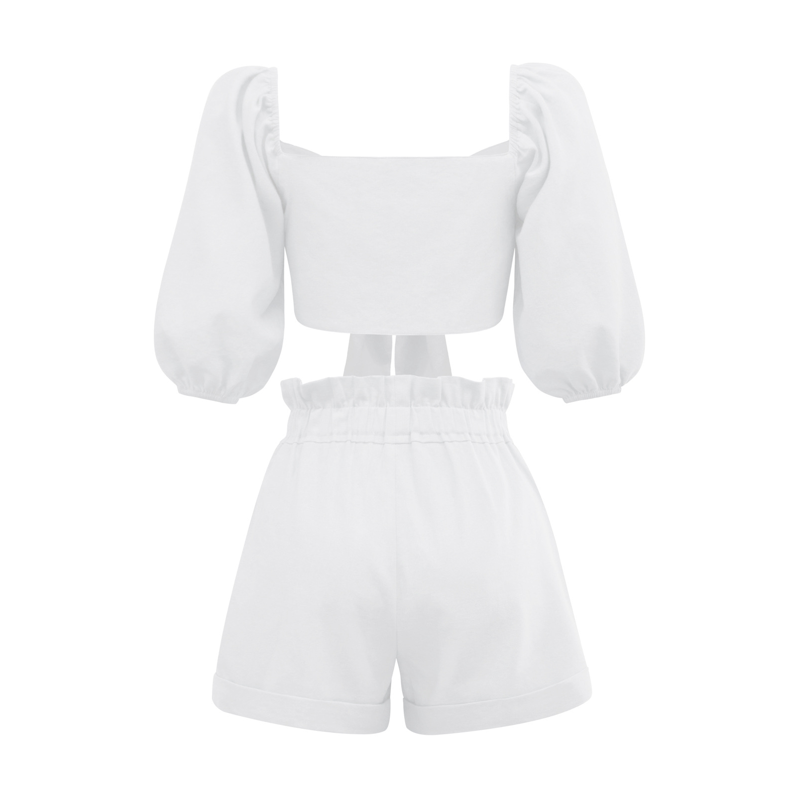 Lantern Sleeved Knotted Short Top & Wide Leg Shorts Set NSMDF104350