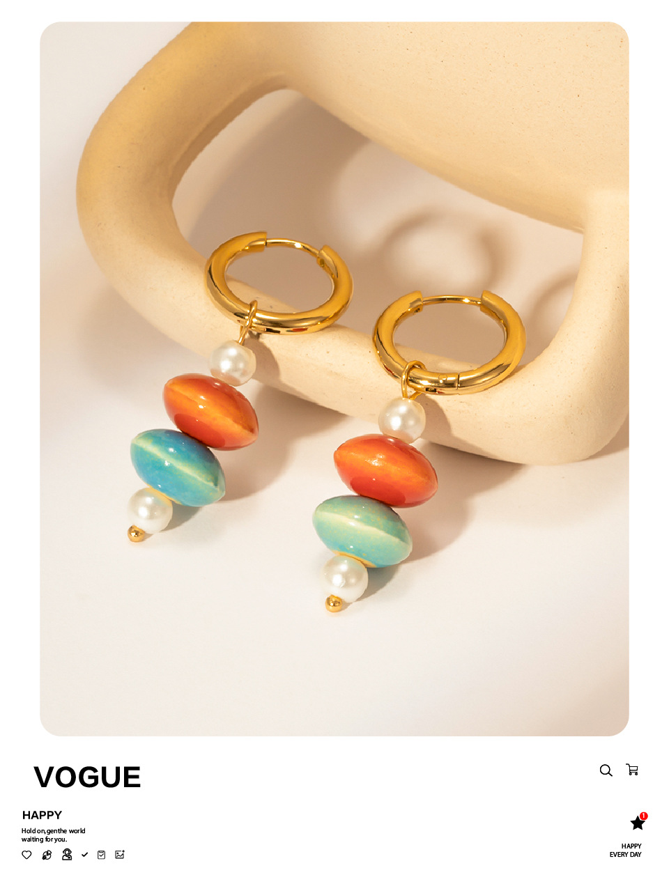 Retro Geometric Stainless Steel Gold Plated Pearl ceramics Earrings 1 Pair