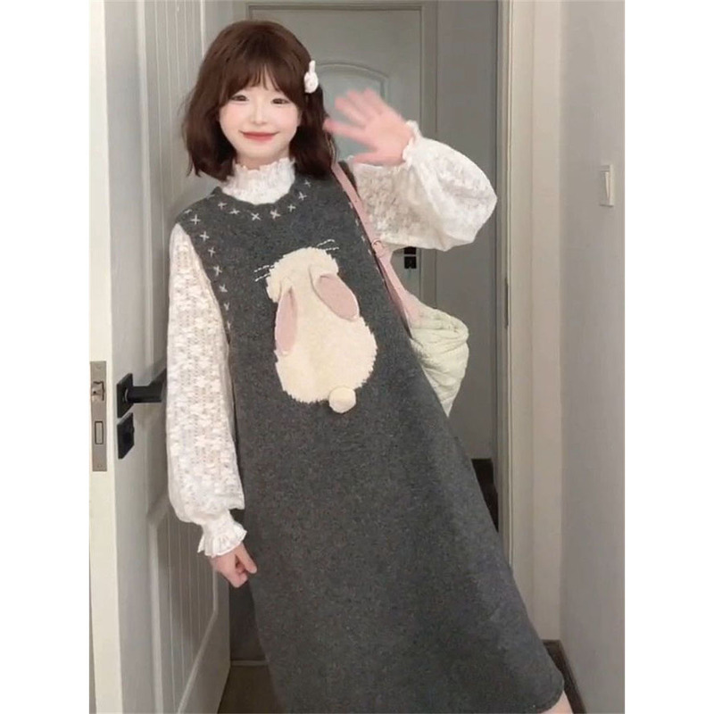 Petite Three-Dimensional Rabbit Long Vest Dress for Women, Layered with a White Shirt, Autumn and Winter Two-Piece Set with Three-Dimensional Tailoring