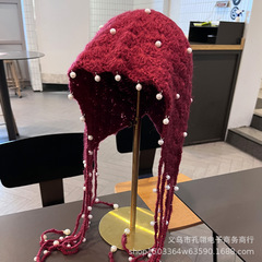 2025新款红色民族风钉珠流苏护耳帽子女秋冬加厚保暖显脸小套头帽