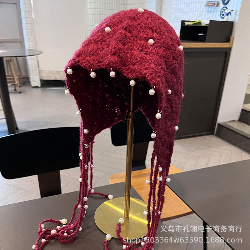 2025新款红色民族风钉珠流苏护耳帽子女秋冬加厚保暖显脸小套头帽|undefined