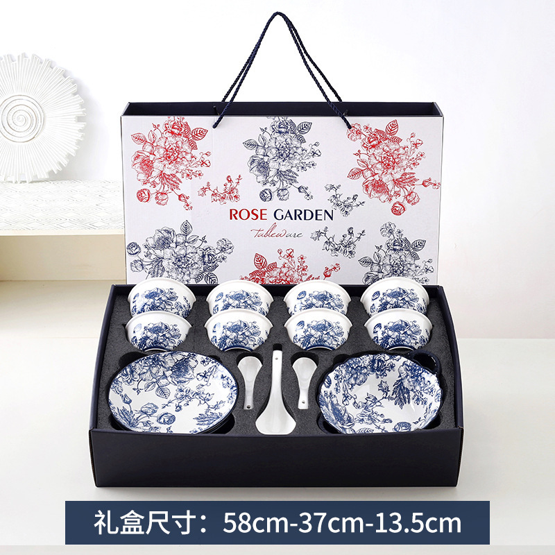 Blue Rose Blue and White Porcelain Bowl Gift Box Set Household Tableware Gift Wedding Souvenir Light Luxury