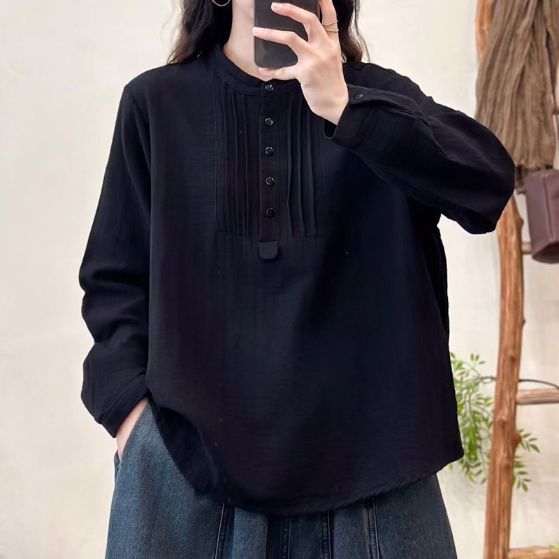 日韩春秋双层棉纱休闲长袖衬衫木耳领宽松棉质宽松大码女装衬衣|undefined