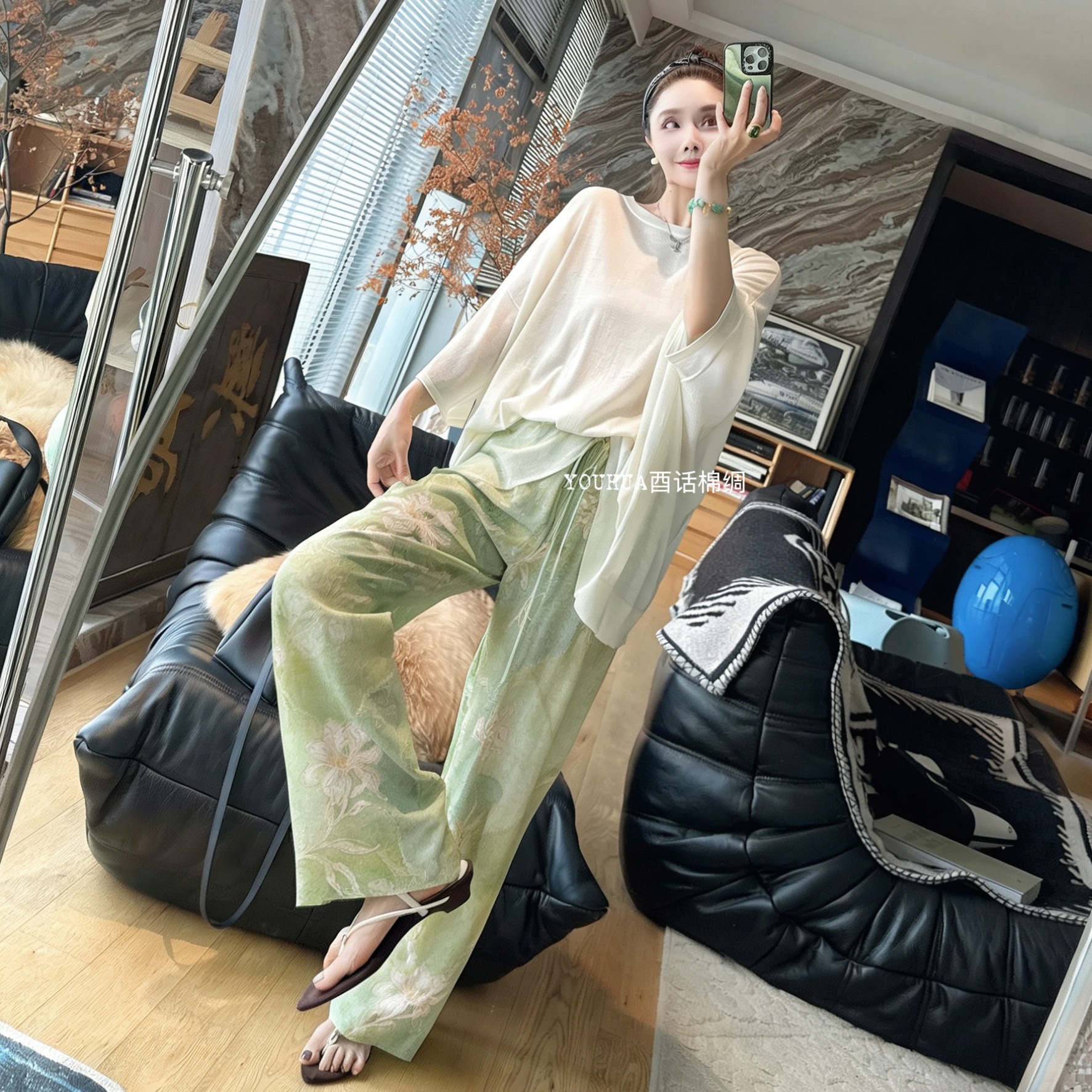 Pantalones de pijama de seda de algodón Pantalones de pierna ancha de seda de algodón fino para mujer