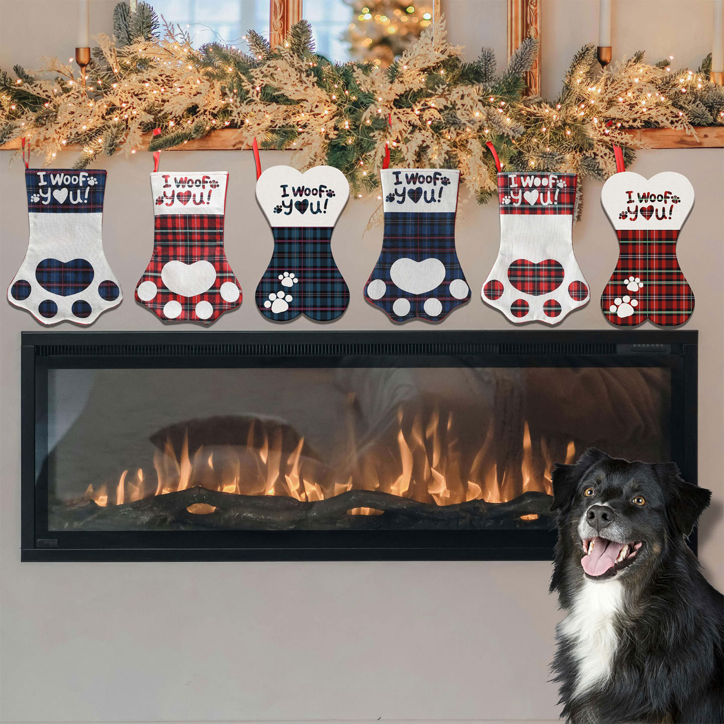Cozy Plaid Christmas Stockings For Pets – Rustic Burlap Dog & Cat Fireplace Decor (6 Styles: Paw Print, Bone & Holiday Letters)_voghion.com